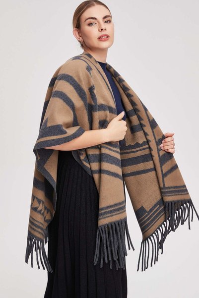Livia Striped Fringed Poncho