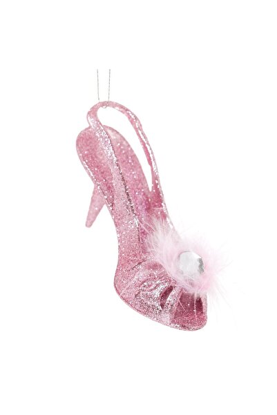 DD SHOP Ornament Brad de Craciun Pantof cu Glitter Roz Strass & Puf 11x4cm