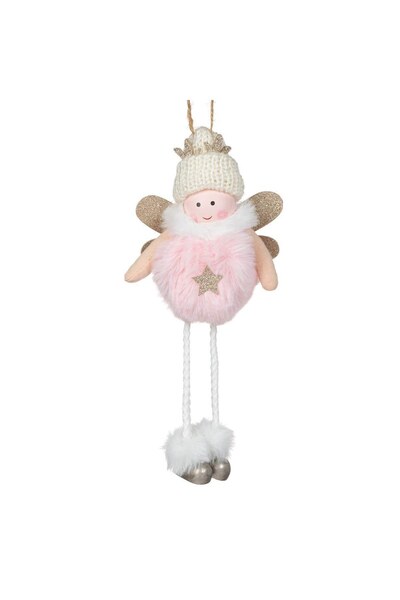 DD SHOP Ornament Brad de Craciun din Lemn Ingeras cu Blana Roz Caciula Glitte...