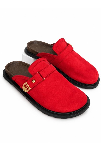 diclepolat Women's Red Suede Buckle Sabo Mule Slippers Daily Comfortable Thick Niu Toka Sole Home and Outdoor Slippers Arite