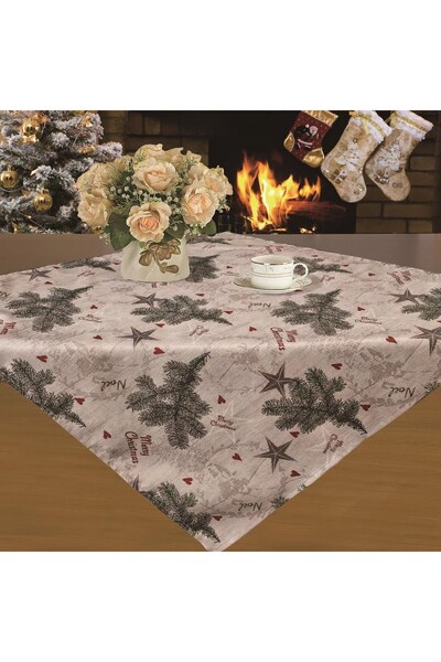DD SHOP Fata de Masa de Craciun Gri Bej Brad Stele "Merry Christmas" 80x80cm