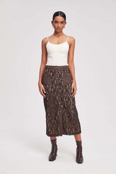 Livia Lace Midi Skirt with Patch Pockets and Snap Buttons