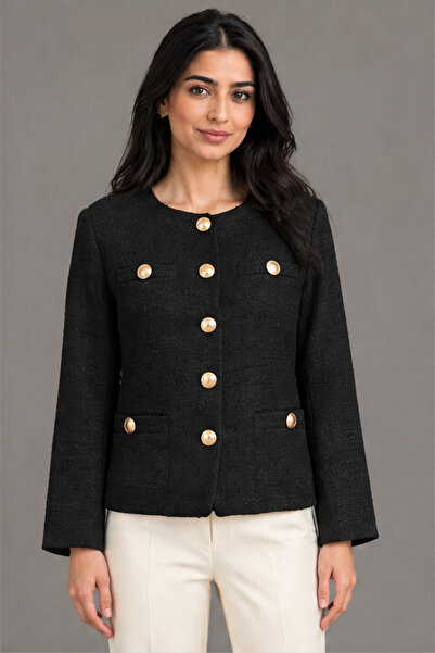 Livia Classic Collarless Blouse with Gold Buttons