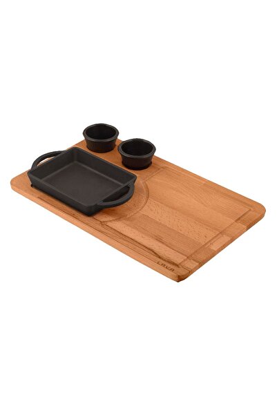 Lava Cast iron serve dish, 12 x 12 cm, with wooden platter -