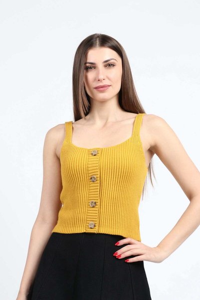 Kitschen Women's Plain Sleeveless Ribbed Blouse with Front Buttons