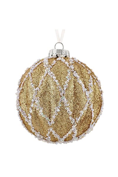 DD SHOP Ornament Brad de Craciun Glob Bej Sampaniu cu Glitter & Margele Albe ...
