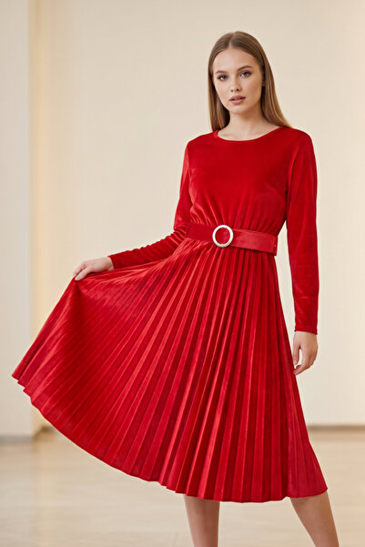 OEM Rochie dama midi din catifea plisata cu curea in talie decolteu rotund si...