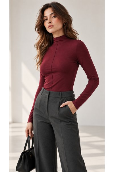 peralist Women's Burgundy Stand Collar Long Sleeve Modal Ribbed Fabric Blouse with Stitching Detail