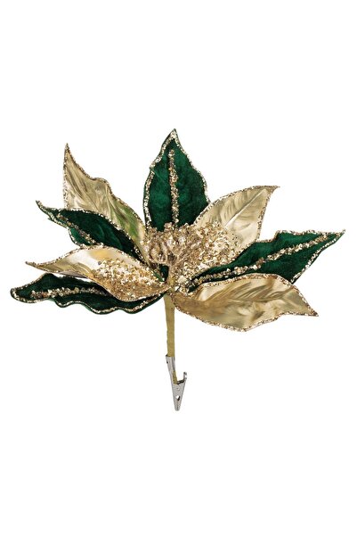 DD SHOP Floare Decorativa de Craciun Verde cu Glitter Auriu Paiete & Clips 26cm