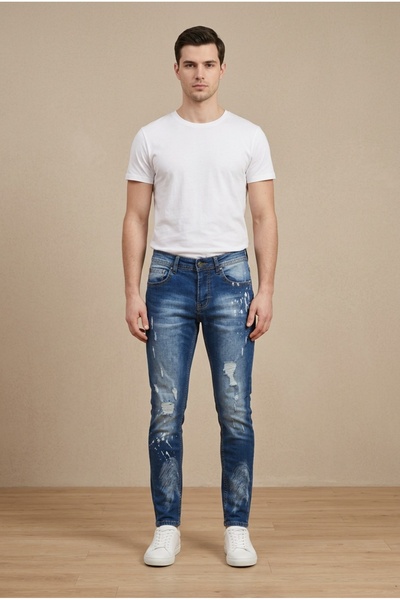 OEM Blugi barbati casual regular fit cu stropi de vopsea si rupturi distincti...