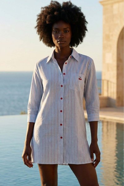Katia&Bony Women's Mediterranean Cherry Embroidered Buttoned Beach Shirt
