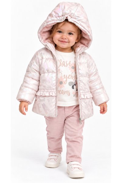 İrem Çocuk Giyim Baby Girl Hologram Letter Patterned Plush Lined Ruffle Coat Powder Color Three-Piece Set