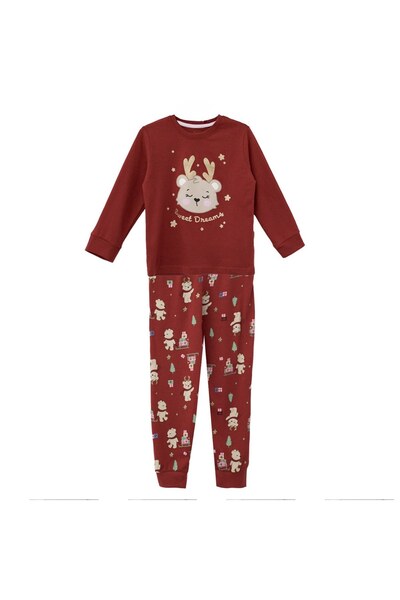 DD SHOP Pijamale de Craciun Rosii cu Model Ursulet & Glitter Auriu pentru Copii