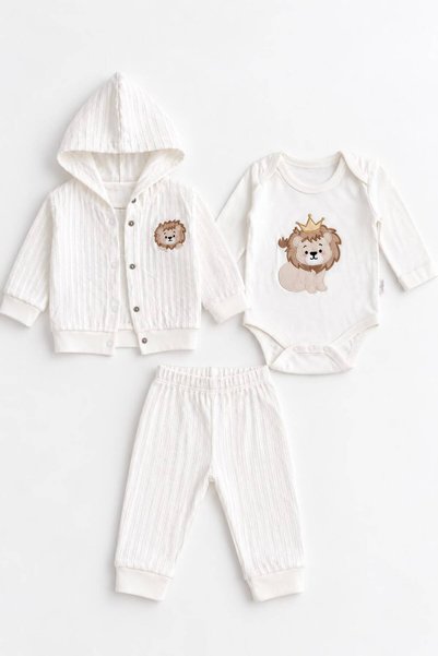 LUCEVERA Baby Boy Lion Embroidered Hooded 3-Piece Set Long Sleeve Body Cardig...