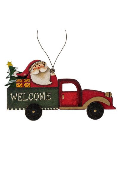 DD SHOP Ornament Brad de Craciun Vintage Masina din Lemn cu Mos Craciun "WELC...