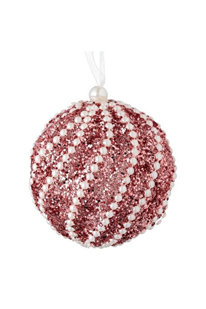 DD SHOP Ornament Brad de Craciun Glob din Spuma Roz Glitter Margele Albe Ø8cm