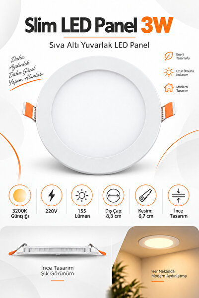 luciole 3W Slim LED Panel 3200K Günışığı – Yuvarlak Sıva Altı Spot 220V 155 L...