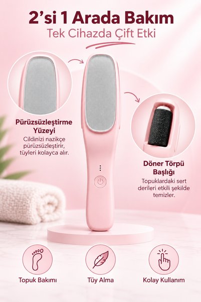indirimsevinci Şarjlı Ayak Törpüsü ve Tüy Alma Aparatı Çift Taraflı 2 Kademeli Type-C Pembe