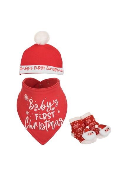 DD SHOP Set pentru Bebelusi cu 3 Piese de Craciun Baveta Caciula & Sosete "Fi...