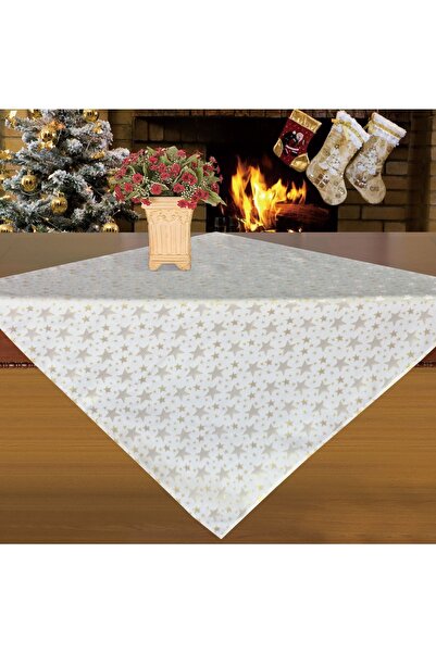 DD SHOP Fata de Masa Ecru cu Model Stele Aurii 80x80cm - Fete Patrate Craciun