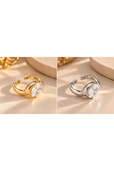 MİLANO BEAUTYS Women's Gold/Silver Color Big Oval Stone Adjustable Stylish Ring