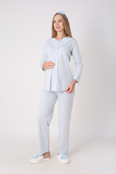 ERDENİZ TEKSTİL Maternity Pajama and Robe Set – 3-Piece Maternity Set, Geometric Pattern Robe and Top with Piping Detail