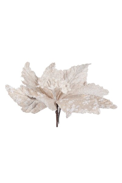 DD SHOP Ornament de Craciun Floare Ecru cu Fulgi Zapada & Clips 26cm