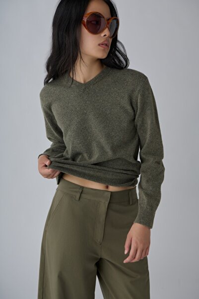 Suud Collection Khaki Mona V-Neck Sweater