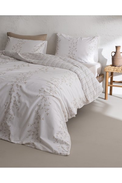 Madame Coco Arsene King Size 100% Cotton Ranforce Printed Elastic Sheet Duvet Cover Set - Beige