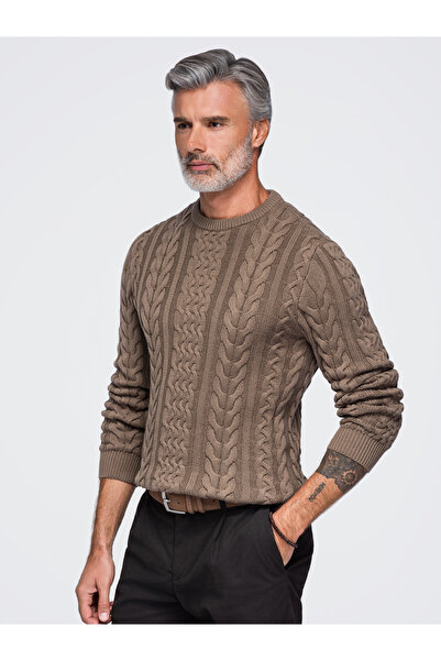 OMBRE Pánský svetr, klasický střih, kulatý výstřih OM-SWSW-0191, barva kávová