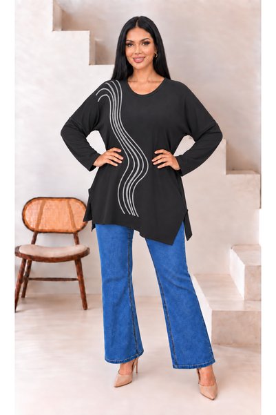 Butik Nilyam بلوزة نسائية كبيرة الحجم بياقة على شكل حرف V وأكمام طويلة ومطرزة بالحجارة وناعمة الملمس من الليكرا 29501