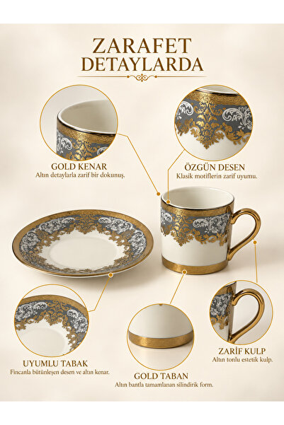 Queen’s Kitchen Barok Desenli Altın Detaylı Tabaklı 6 Kişilik Kahve Fincan Takımı