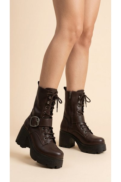 Moda Lime Side Zipper, Lace-Up, High Sole, Front Belt Detail, Women's Long Boots