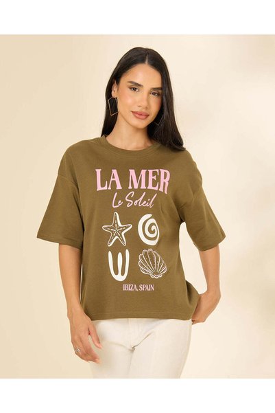 REDTAG Women Olive La Mer Graphic T-Shirt