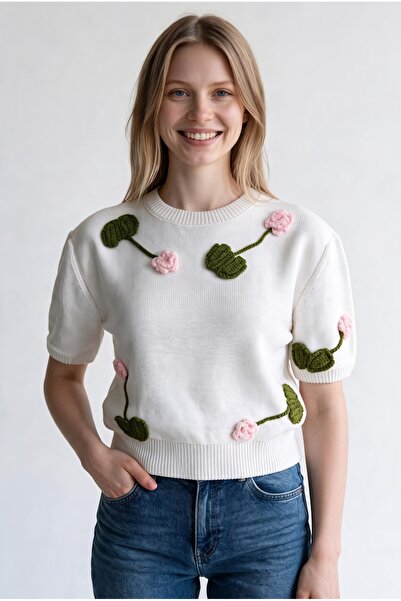 Bisou Ecru Floral Embossed Embroidered Short Sleeve Knit Sweater