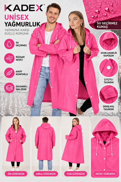 kadex Unisex Haki Uzun Yağmurluk – Kapüşonlu Su Geçirmez Rüzgar Kesici Çıtçıtlı