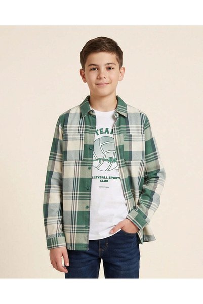 REDTAG Senior Boys Green Checked Shirt With Printed T-Shirt
