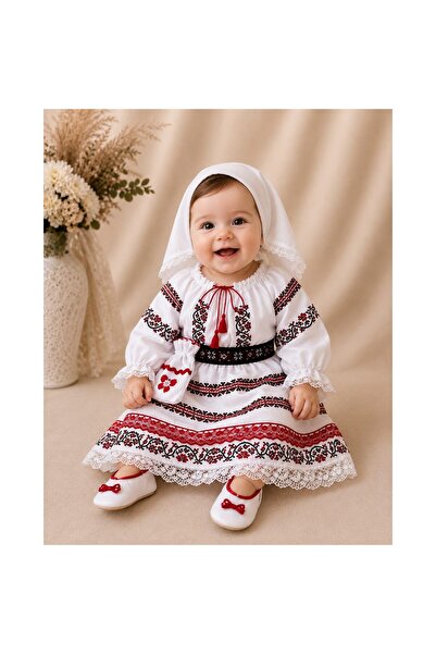 OEM Costum tradițional alb pentru bebeluși, cu broderie roșie și neagră, 8-12...