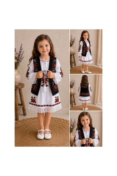OEM Vestă tradițională pentru copii cu model floral negru, 4 ani