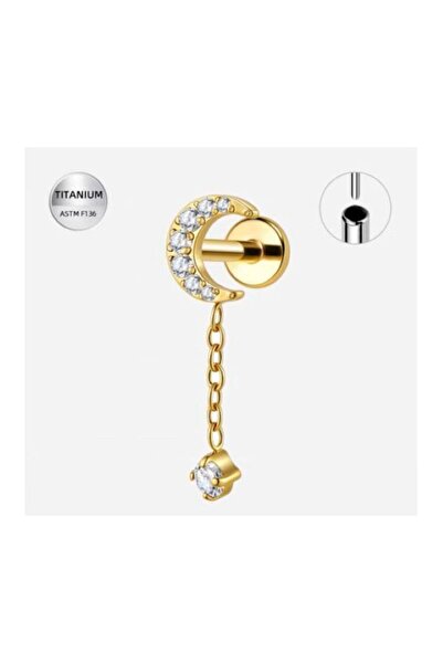 Funny Party Shop Piercing Labret Titan F136 Auriu cu Luna & Lantisor – 1.2 × ...