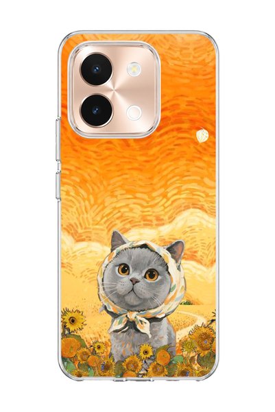 lelia Vivo Y28 Compatible Gray Cat Sunflower Printed Transparent Phone Case w...