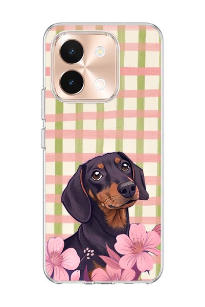 lelia Vivo Y28 Compatible Sausage Dog Pink Plaid Printed Transparent Phone Case