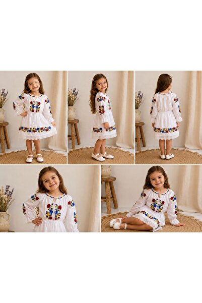 OEM Rochie tradițională pentru fete, tricoloră, model floral, 4 ani