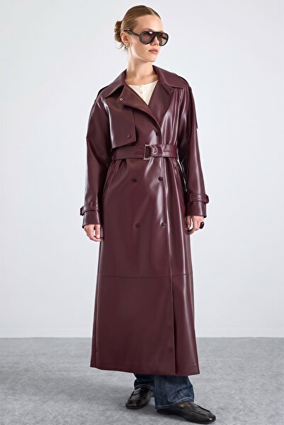 Olcay Apolet and Cape Detailed Snap Closure Long Leather Trench Coat Bordo 6877
