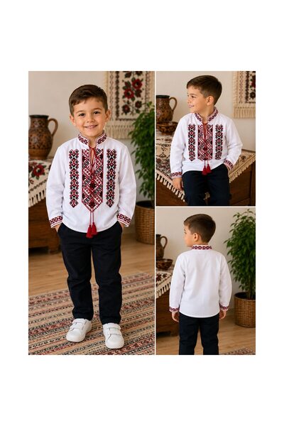 OEM Bluză tradițională pentru copii, model geometric roșu, 12-13 ani