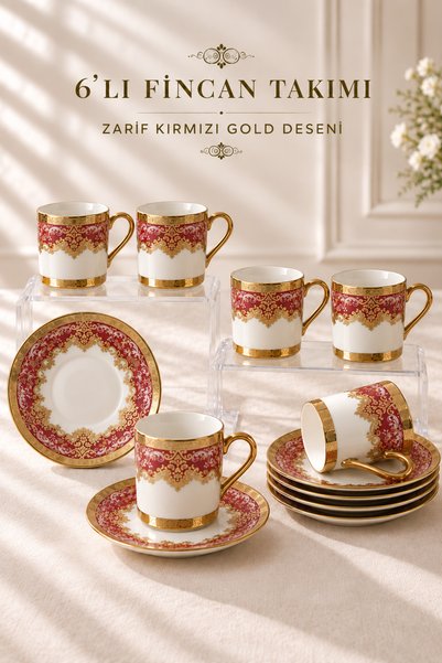 Queen’s Kitchen Barok Desenli Altın Detaylı Tabaklı 6 Kişilik Kahve Fincan Takımı