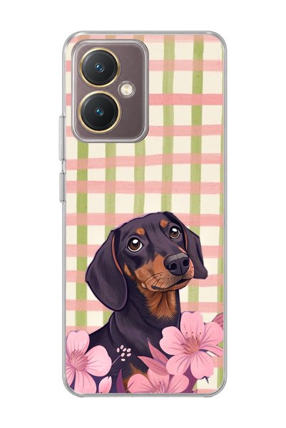 lelia Vivo Y27 Compatible Sausage Dog Pink Plaid Printed Transparent Phone Case