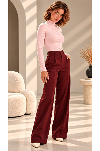 peralist Women's Pink Stand Collar Long Sleeve Modal Ribbed Fabric Blouse with Stitching Detail