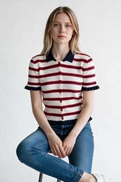 Bisou Collared Colorful Striped Ruffled Premium Soft Short Sleeve Cardigan