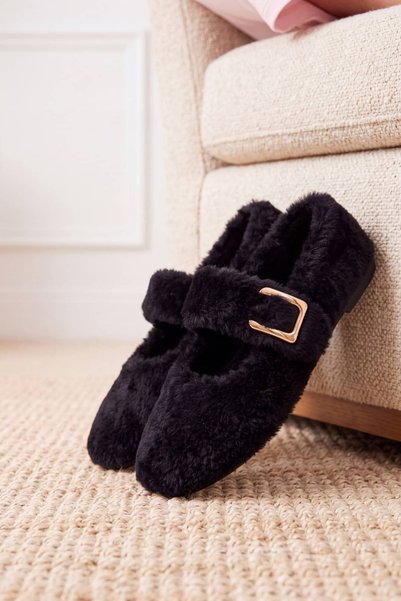 NAVİSHOES Black Women's Plush Home Shoes - Gold Buckle Ballerina Slippers 01Nav